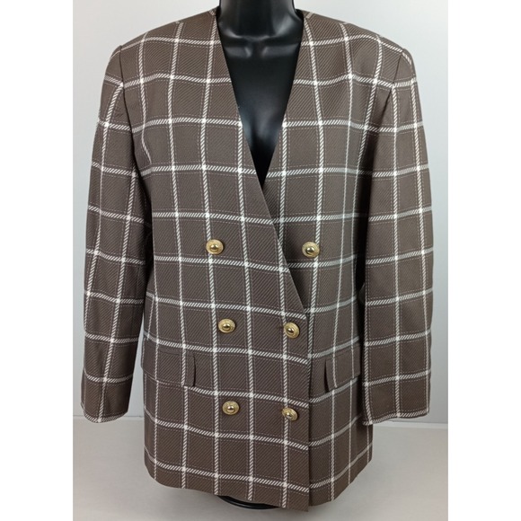 HBS LTD. Jackets & Blazers - HBS LTD. Women's 14 Brown‎ White Plaid Blazer Jacket